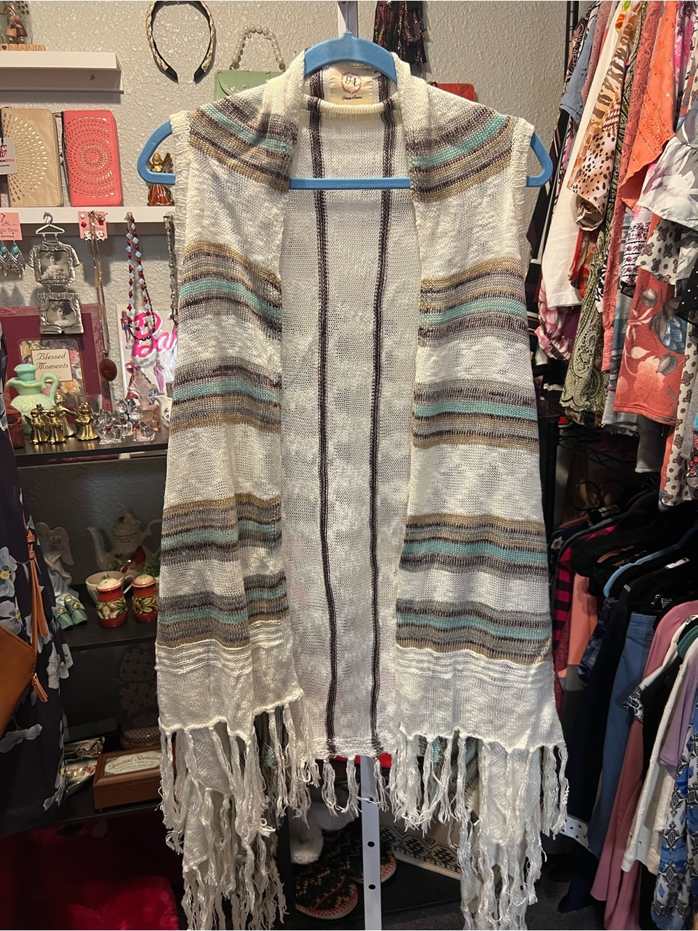 Open-Front Striped Fringe Poncho in White with Teal & Brown Accents